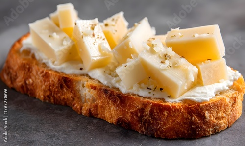  the entire spread, showcasing a single slice of slim rectangular toast with white cream cheese and on top of it