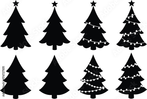 Christmas tree silhouette collection, festive holiday decoration elements, minimalist pine tree icons, ornamented and plain variations, seasonal vector set for design