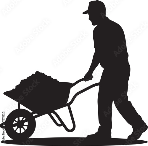 Silhouette of a Construction Worker Transporting Material in a Wheelbarrow in Labor Concept