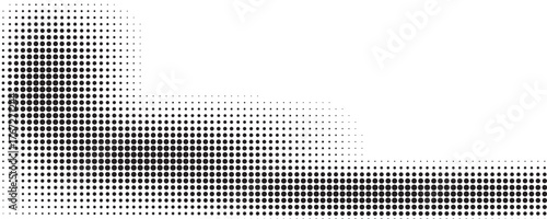 Black halftone wave background. Abstract grainy fluid texture. Dotted curved dot flow wallpaper. Grit swoosh overlay element for poster, banner, brochure, flyer, leaflet, template.