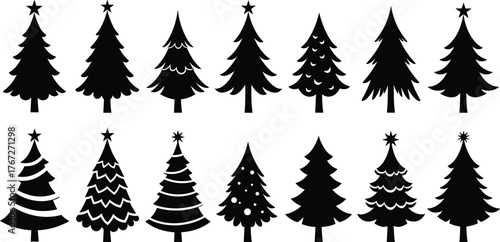 Christmas tree silhouette collection, festive pine icons, black holiday tree set, decorative evergreen shapes, seasonal graphic elements, vector illustration bundle