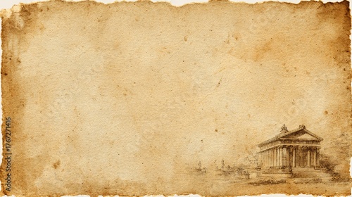 Vintage ink sketch of a grand neoclassical temple with columns and pine trees on aged, stained parchment paper.