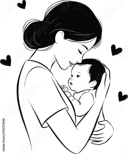 Mother gently kissing her newborn baby on the forehead.