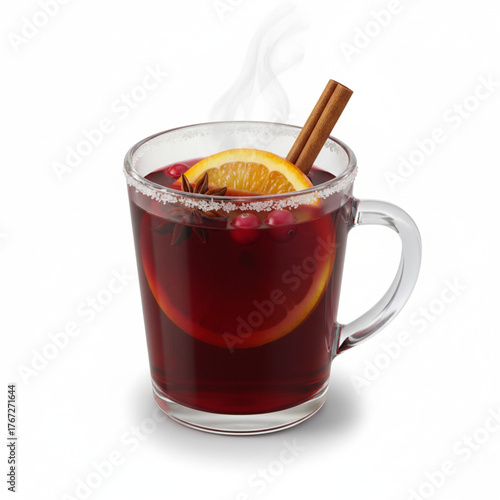 A cup of mulled wine with orange slice and cinnamon stick, on white background
