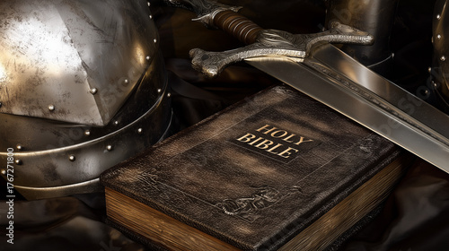 Spiritual Battle: A juxtaposition of a bible, a glistening sword, and metallic armor, evoking a metaphor of faith and spiritual warfare.