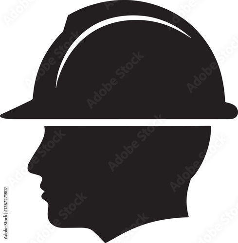 Construction Worker Head Profile Silhouette Wearing Protective Hard Hat Icon Vector