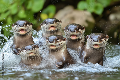 A group of otters playfully splashing in a freshwater spring