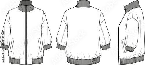 Front back and side technical bomber jacket template with rib collar cuffs hem and zipper pockets, cad drawing flat vector illustration