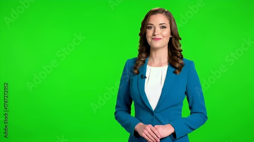 Confident Female Presenter in Blue Blazer Standing Against Green Screen Background, Ready for Chroma Key Effect or Virtual Set