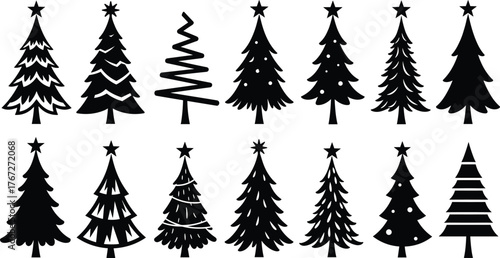 Christmas tree silhouette set, festive holiday decoration elements, black vector illustration, abstract pine designs, seasonal graphic icons for winter, celebration, and design use