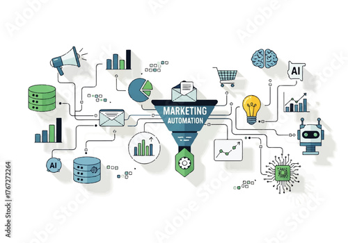 a central funnel labeled "Marketing Automation" connected to various nodes and icons, illustrating the flow and integration of different tools and processes. 