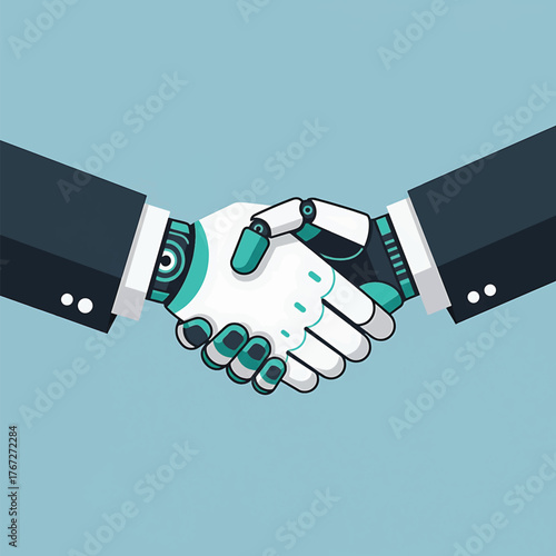 Illustration of a robotic hand shaking a human hand with a light blue background.