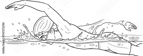 Professional swimmer performing freestyle stroke in swimming pool, water splashing, athlete training for competition, aquatic fitness, sports exercise, endurance strength, determination.