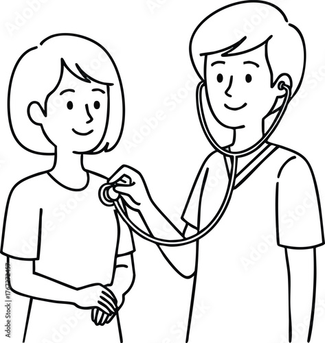 Male doctor examining a female patient with a stethoscope line art.