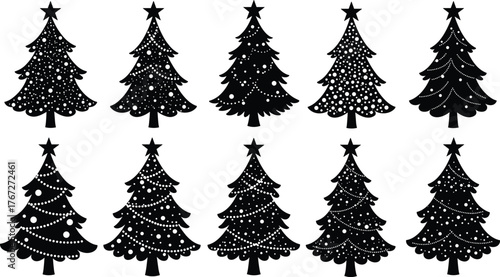  Christmas tree silhouette set, festive pine icons with star and ornaments, decorative holiday elements, black vector graphic collection for seasonal design