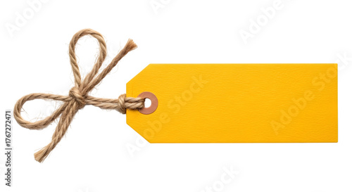 A simple yellow gift tag with a bow made of twine, isolated on a transparent background, ready for custom text or pricing information, perfect for retail or promotional use