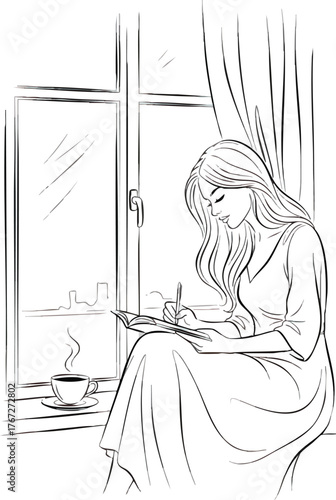Young woman writing in a notebook by the window with coffee.