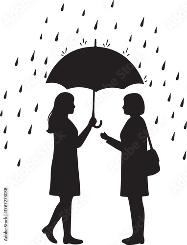 Silhouettes of two women sharing an umbrella in the rain, symbolizing support, friendship, protection, and care during difficult times or bad weather.