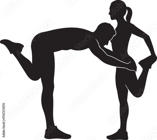  Black silhouette of a couple stretching together, a man assisting a woman with her quadriceps stretch in a fitness or workout concept