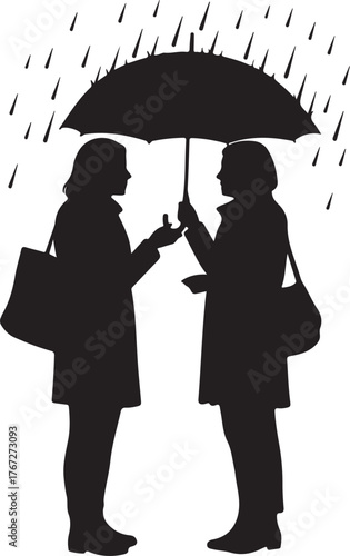 Silhouettes of two women sharing an umbrella in the rain, engaged in a conversation or offering mutual support during a rainy day, symbolizing care or friendship