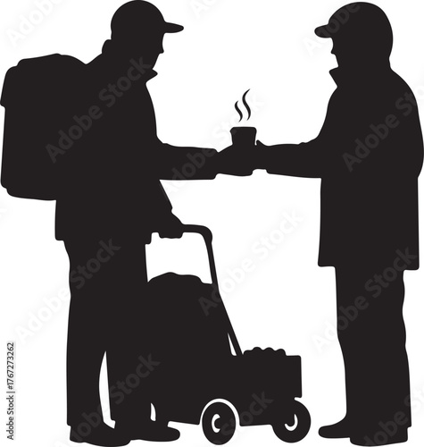  Silhouette of a Delivery Person or Street Vendor Handing Hot Coffee or Beverage to a Customer, Service and Transaction Concept.