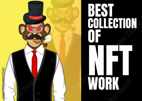 Vector illustration of Monkey Man NFT of Gentleman of monkey face wearing sunglasses having mustache and top hat with smoking pipe on yellow color background.