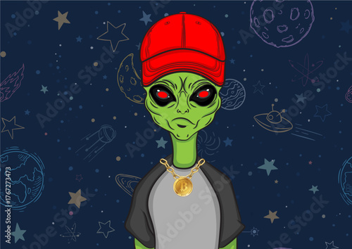 Vector illustration of Green Alien in swag look wearing cap with galaxy background.