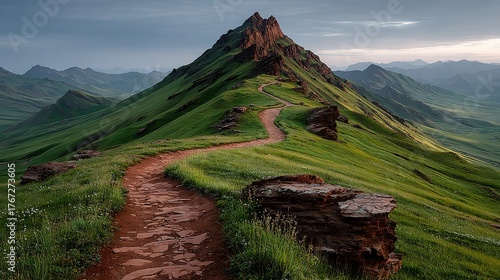 Winding path leads up a grassy mountain peak under a cloudy sky.