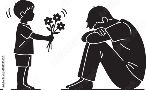 Child offers a bouquet of flowers to a sad, grieving, or depressed adult, symbolizing empathy, comfort, and emotional support from family