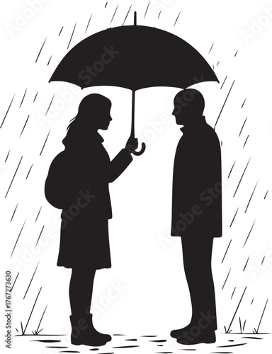 Black and white silhouette of a couple, man and woman, sharing an umbrella in the rain, symbolizing protection, care, and togetherness in a relationship or friendship, in a minimalist vector illustrat