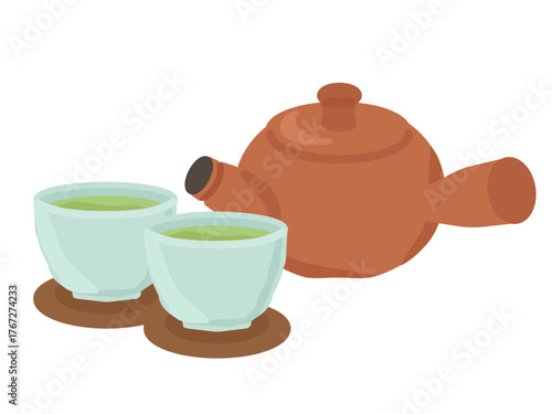 急須と茶托付きの緑茶　イラスト