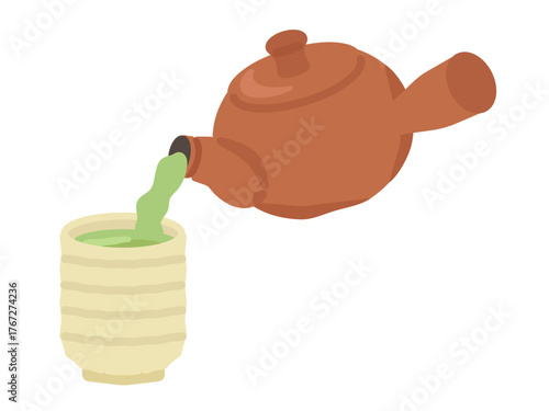 急須と緑茶　イラスト