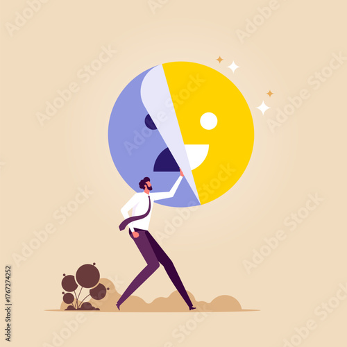 Businessman change a sad face to smile face emoji, overcome stress and anxiety, emotional problem, uncertainty or worried about work, get rid of bad moods, depression and anxiety caused by stress