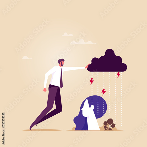 Psychologic therapy session concept and help in fighting stress, depression, emotional burnout and other psychological problems. Businessman pushed away the cloudy storm sky from unhappy woman