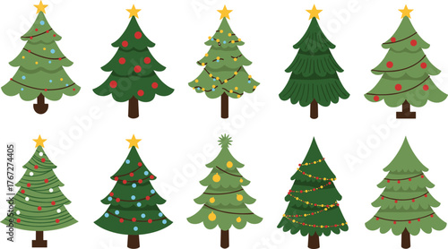 Colorful Christmas tree collection, festive holiday pine illustrations, ornamented vector trees with stars, decorative seasonal elements, winter celebration design assets
