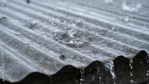 Heavy Rain Splashing and Cascading Down a Corrugated Metal Roof During an Intense Downpour