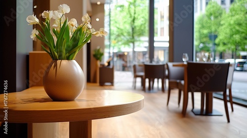 Elegant White Iris Arrangement on Round Wooden Table in Modern Restaurant Setting.