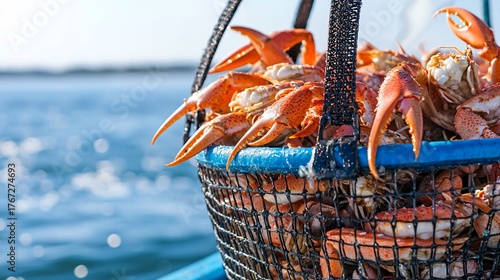 Freshly Caught Crabs Overflowing from a Blue Basket on a Boat Ocean Backdrop.