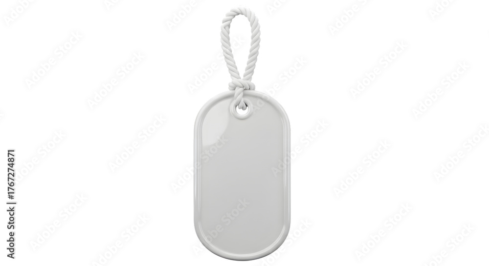 Fototapeta premium A blank white dog tag with a rope loop, isolated on a transparent background, ready for customization or personalization