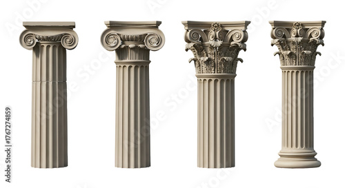 Four Classical Architectural Columns with Different Capitals pillar architecture isolated on a transparent background