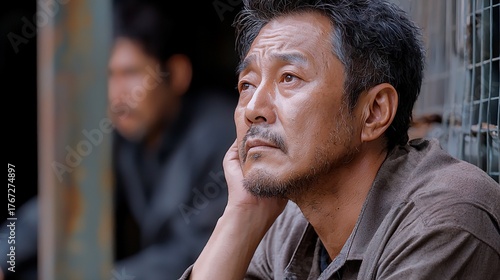 Pensive Man with Graying Hair Hand on Chin Contemplative Expression Soft Light.