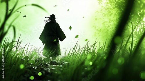 Solitary Figure in Emerald Forest A Journey Through Natures Embrace.