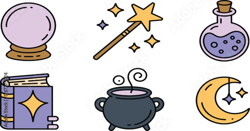 Mystical witchy elements for spellbinding designs crystal ball wand potion book cauldron moon stars