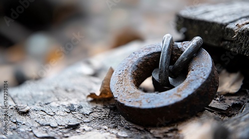 Weathered Metal Ring and Links on Cracked Wood Surface CloseUp Detail.