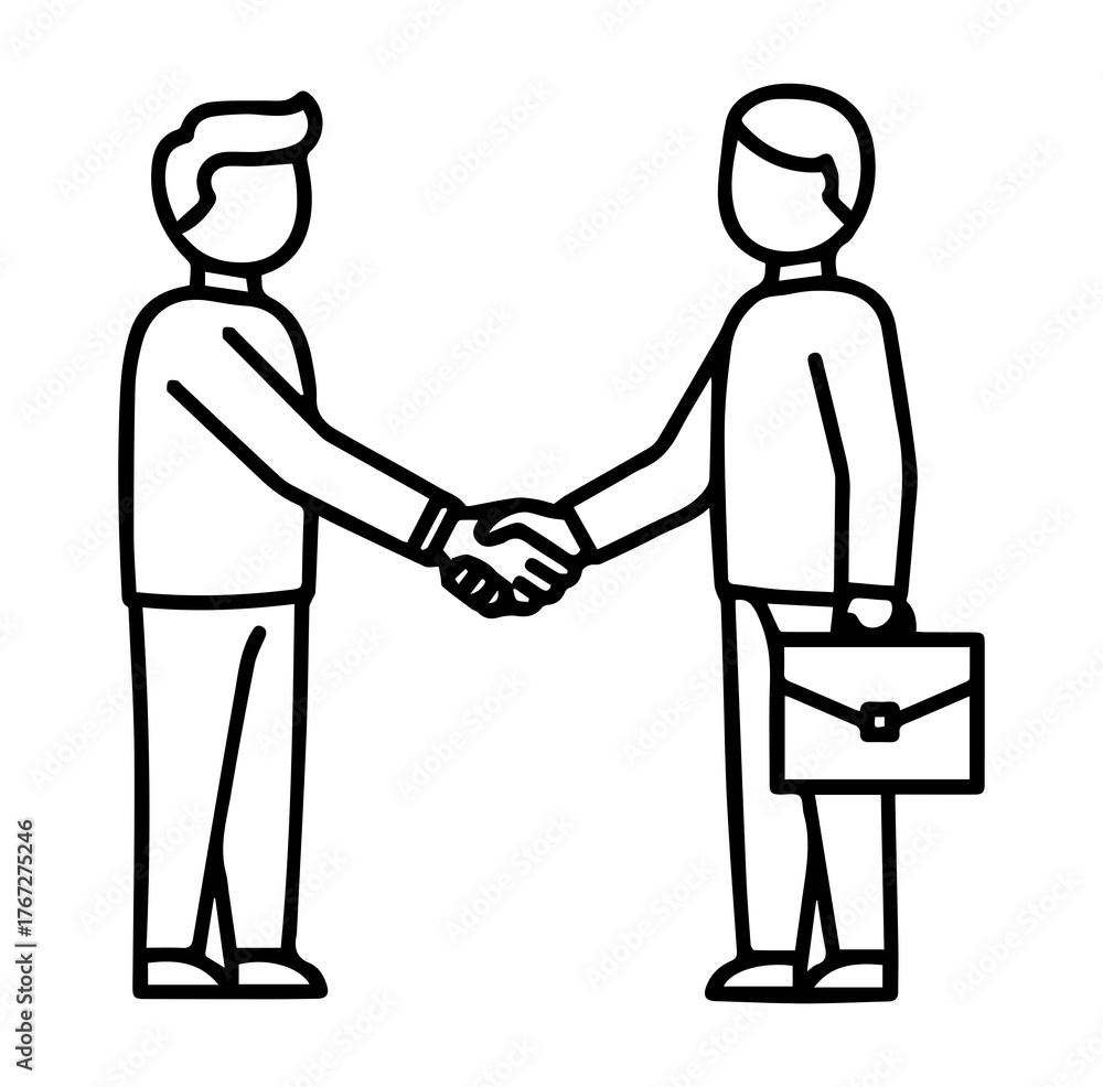 Fototapeta premium Business Woman and Man Handshake Outline PNG – Professional Partnership Silhouette Drawing