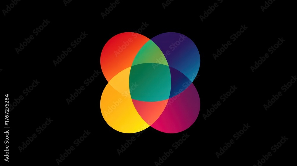 Obraz premium Interlocking vibrant circles create a colorful, abstract blossom on black