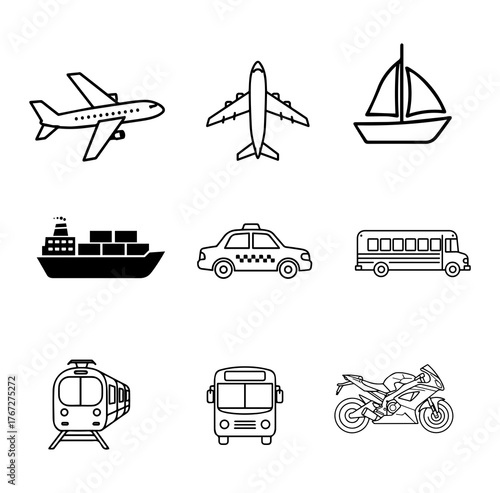 Transport Icons Set PNG – Minimalist Transportation Symbol Collection
