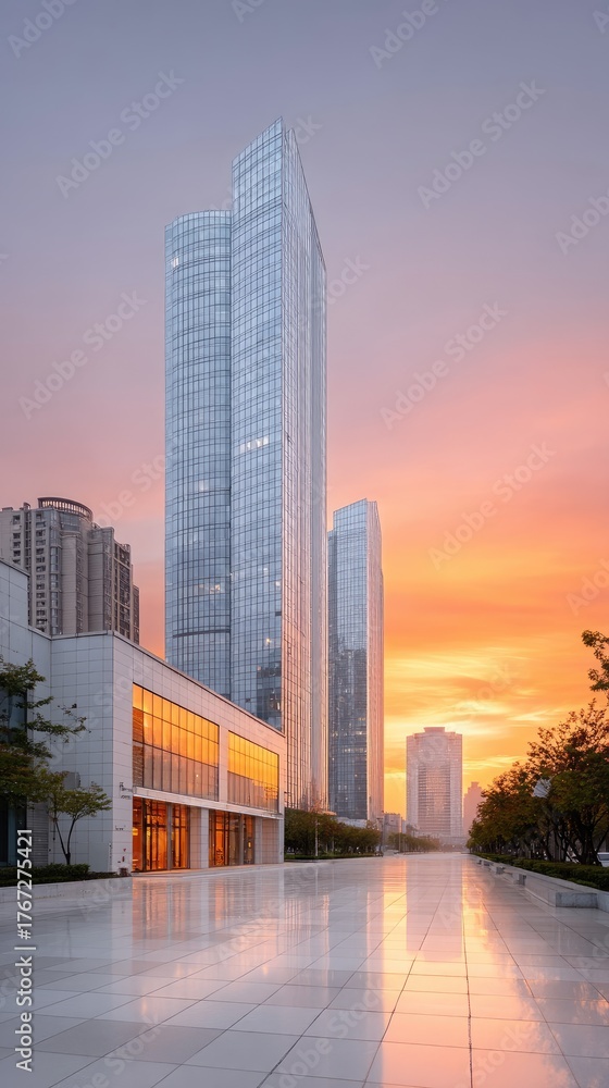 Obraz premium Modern Glass Skyscrapers Reflecting Vibrant Sunset Sky in a City with Orange and Pink Hues and Wet Ground Reflections