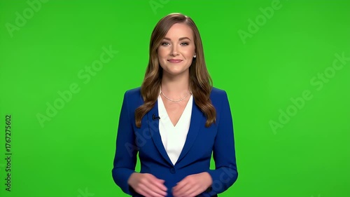 Confident Young Woman in Blue Blazer Presenting on Green Screen, Ideal for Chroma Keying and News Broadcasting