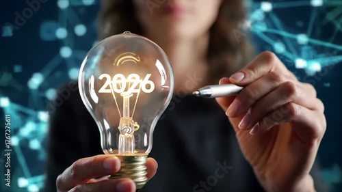 Wallpaper Mural Woman holding a glowing light bulb with the year 2026 inside, symbolizing future innovation and business growth. Torontodigital.ca